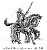 Vector Illustration of a Black and White Etched or Woodcut Medieval Knight on a Horse, Holding a Sword and Shield by AtStockIllustration