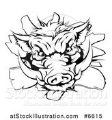 Vector Illustration of a Black and White Fierce Boar Head Breaking Through a Wall by AtStockIllustration