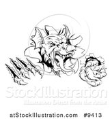 Vector Illustration of a Black and White Fierce Welsh Dragon Mascot Head Slashing Through a Wall by AtStockIllustration