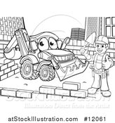 Vector Illustration of a Black and White Happy Male Mason Holding a Thumb Up, Working near a Bulldozer Digger by AtStockIllustration