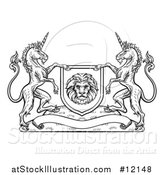 Vector Illustration of a Black and White Heraldic Lion and Unicorn Coat of Arms Crest by AtStockIllustration