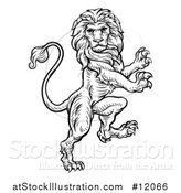 Vector Illustration of a Black and White Heraldic Rampant Lion by AtStockIllustration
