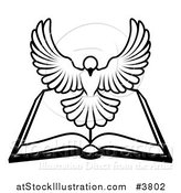 Vector Illustration of a Black and White Holy Spirit Dove Above an Open Bible by AtStockIllustration