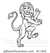 Vector Illustration of a Black and White Lineart Rampant Lion by AtStockIllustration