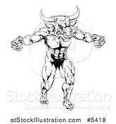 Vector Illustration of a Black and White Muscular Minotaur Mascot by AtStockIllustration