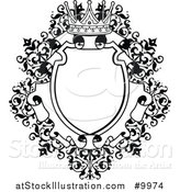 Vector Illustration of a Black and White Ornate Vintage Floral Frame with a Crown by AtStockIllustration