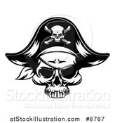 Vector Illustration of a Black and White Pirate Skull Wearing a Patch and Captain Hat by AtStockIllustration