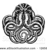 Vector Illustration of a Black and White Retro Woodcut Angry Octopus by AtStockIllustration