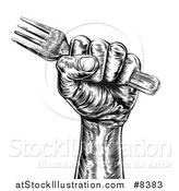 Vector Illustration of a Black and White Retro Woodcut Fisted Hand Holding a Fork by AtStockIllustration