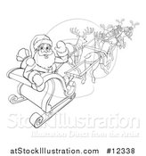 Vector Illustration of a Black and White Santa Waving While Flying with Reindeer in His Sleigh by AtStockIllustration