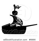 Vector Illustration of a Black and White Silhouetted Pirate Ship with a Jolly Roger Flag by AtStockIllustration