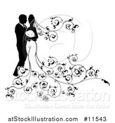 Vector Illustration of a Black and White Silhouetted Posing Wedding Bride and Groom by AtStockIllustration