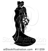 Vector Illustration of a Black and White Silhouetted Posing Wedding Bride and Groom with a Bouquet by AtStockIllustration