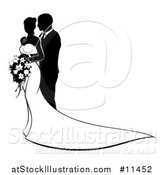 Vector Illustration of a Black and White Silhouetted Posing Wedding Bride and Groom with a Bouquet by AtStockIllustration