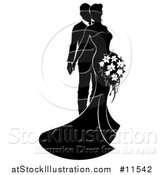 Vector Illustration of a Black and White Silhouetted Posing Wedding Bride and Groom with a Bouquet by AtStockIllustration