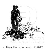 Vector Illustration of a Black and White Silhouetted Posing Wedding Bride and Groom with a Bouquet by AtStockIllustration