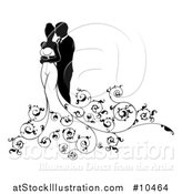 Vector Illustration of a Black and White Silhouetted Posing Wedding Couple with Swirls by AtStockIllustration