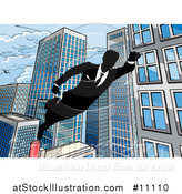 Vector Illustration of a Black and White Silhouetted Super Businesss Man Flying Through a City by AtStockIllustration