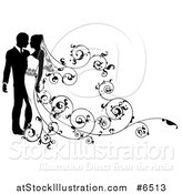 Vector Illustration of a Black and White Silhouetted Wedding Couple with a Swirl Floral Train 2 by AtStockIllustration