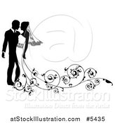 Vector Illustration of a Black and White Silhouetted Wedding Couple with a Swirl Train by AtStockIllustration