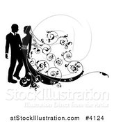 Vector Illustration of a Black and White Silhouetted Wedding Couple with Ornate Swirls by AtStockIllustration
