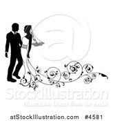 Vector Illustration of a Black and White Silhouetted Wedding Couple with Ornate Swirls by AtStockIllustration