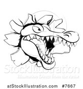 Vector Illustration of a Black and White Snapping Alligator or Crocodile Head Breaking Through a Wall by AtStockIllustration