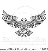 Vector Illustration of a Black and White Swooping American Bald Eagle with a Soccer Ball in His Talons by AtStockIllustration