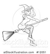 Vector Illustration of a Black and White Witch Tipping Her Hat and Flying on a Broomstick by AtStockIllustration
