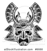 Vector Illustration of a Black and White Woodblock or Engraved Samurai Mask by AtStockIllustration