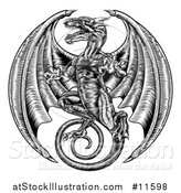 Vector Illustration of a Black and White Woodcut Dragon by AtStockIllustration