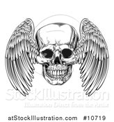 Vector Illustration of a Black and White Woodcut Etched or Engraved Winged Human Skull by AtStockIllustration