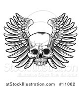 Vector Illustration of a Black and White Woodcut Etched or Engraved Winged Human Skull by AtStockIllustration