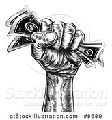 Vector Illustration of a Black and White Woodcut or Engraved Revolutionary Fist Holding Cash Money by AtStockIllustration