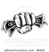 Vector Illustration of a Black and White Woodcut or Engraved Revolutionary Fisted Hand Holding Cash Money by AtStockIllustration