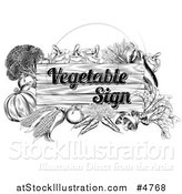 Vector Illustration of a Black and White Wooden Vegetable Sign with Produce by AtStockIllustration