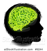 Vector Illustration of a Black Silhouetted Boy's Head in Profile, with Green Glowing Circuit Brain by AtStockIllustration