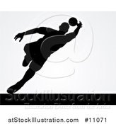 Vector Illustration of a Black Silhouetted Goal Keeper Soccer Player Blocking the Ball, over Gray by AtStockIllustration