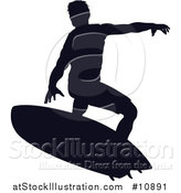 Vector Illustration of a Black Silhouetted Man Surfing by AtStockIllustration