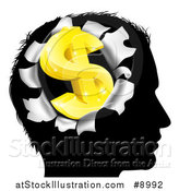 Vector Illustration of a Black Silhouetted Man's Head with a 3d Gold Dollar Symbol Breaking Out, Thinking About Money by AtStockIllustration