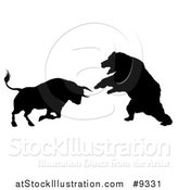 Vector Illustration of a Black Silhouetted Stock Market Bull Fighting a Bear by AtStockIllustration