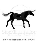 Vector Illustration of a Black Silhouetted Unicorn Horse Running to the Right by AtStockIllustration