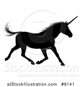 Vector Illustration of a Black Silhouetted Unicorn Horse Running to the Right by AtStockIllustration