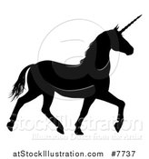 Vector Illustration of a Black Silhouetted Unicorn Horse Trotting by AtStockIllustration