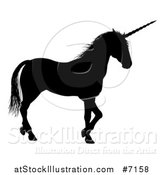 Vector Illustration of a Black Silhouetted Unicorn in Profile, Walking to the Right by AtStockIllustration