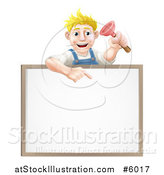 Vector Illustration of a Blond White Male Plumber Holding a Plunger and Pointing down at a White Board Sign by AtStockIllustration