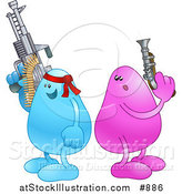 Vector Illustration of a Blue Bean Character Wearing a Red Headband and Holding a Big Machine Gun While a Disadvantaged Pink Bean Character Holds a Puny Little Gun by AtStockIllustration