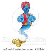 Vector Illustration of a Blue Genie Pointing Outwards over His Lamp by AtStockIllustration