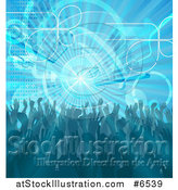 Vector Illustration of a Blue Music Background of People Dancing over a Burst with Equalizer Bars by AtStockIllustration