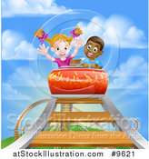 Vector Illustration of a Boy and Girl on a Roller Coaster Ride, Against a Blue Sky with Clouds by AtStockIllustration